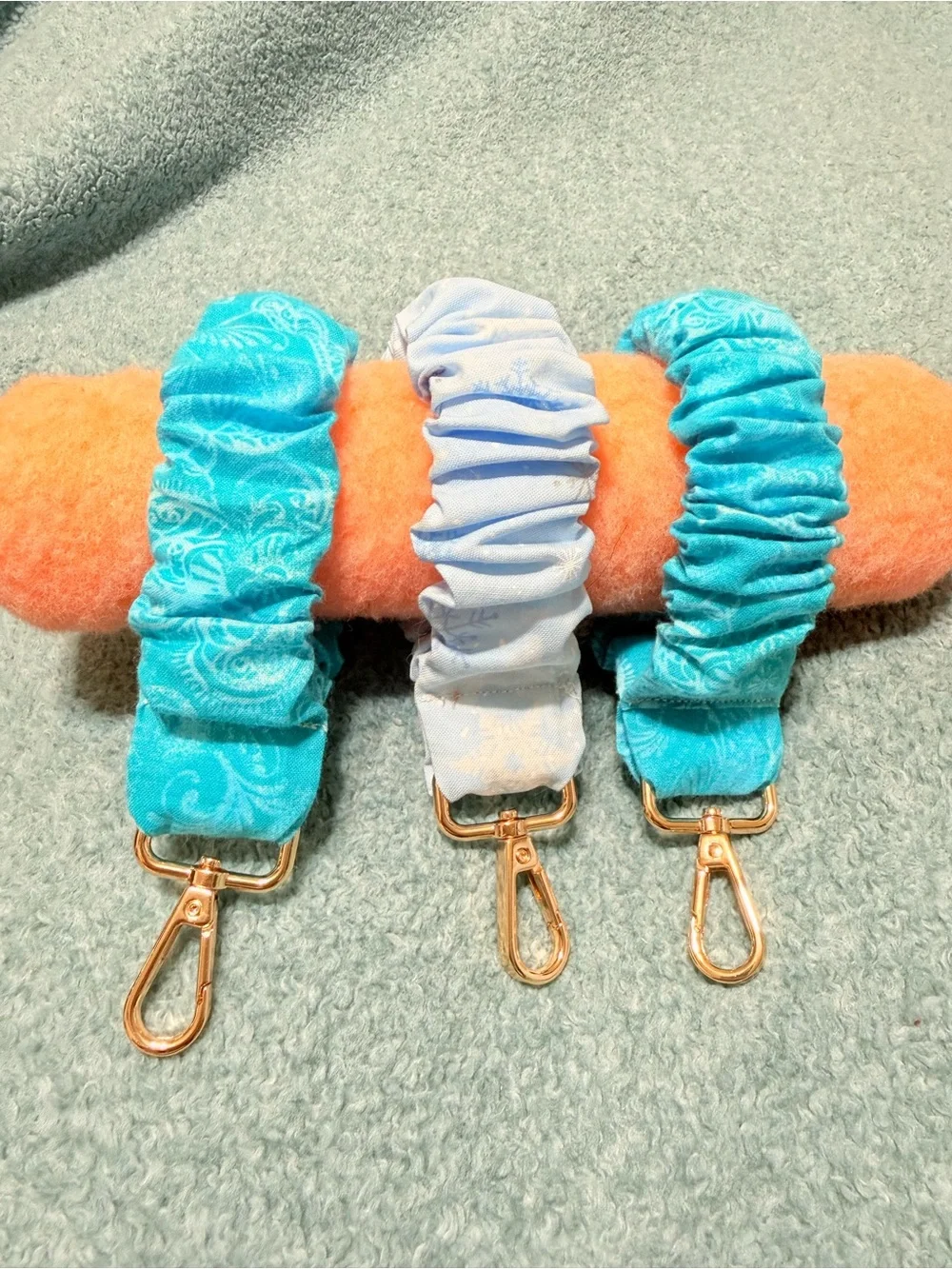 Set Hand keychains Scrunchie Bag Strap Set in Aqua and Light Blue with Gold
